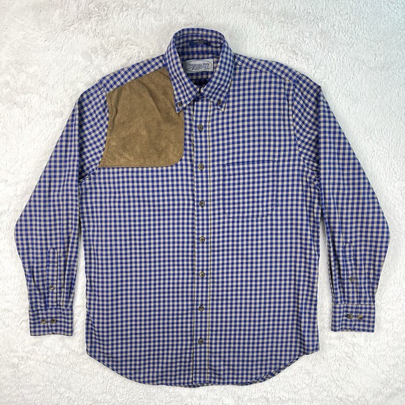 Chesapeake Bay Hunting‎ Shirt Men's SMALL Blue Tan Gingham Check Shoulder Patch - Picture 3 of 7